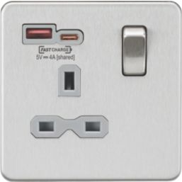 Knightsbridge  13A 1-Gang SP Switched Socket + 4.0A 20W 2-Outlet Type A & C USB Charger Brushed Chrome with Grey Inserts