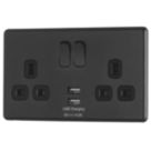 Arlec  13A 2-Gang SP Switched Socket + 4A 15W 2-Outlet Type A USB Charger Charcoal with Black Inserts