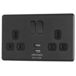 Arlec  13A 2-Gang SP Switched Socket + 4A 15W 2-Outlet Type A USB Charger Charcoal with Black Inserts