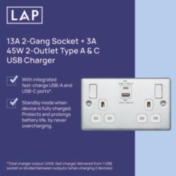 LAP  13A 2-Gang SP Switched Socket + 3A 45W 2-Outlet Type A & C USB Charger Polished Chrome with White Inserts
