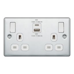 LAP  13A 2-Gang SP Switched Socket + 3A 45W 2-Outlet Type A & C USB Charger Polished Chrome with White Inserts