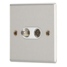 Contactum iConic 2-Gang Coaxial TV & F-Type Satellite Socket Brushed Steel with White Inserts