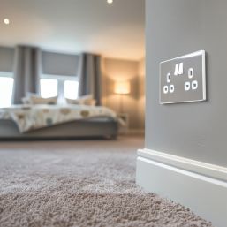 British General Evolve 13A 2-Gang SP Switched Socket Brushed Steel  with White Inserts