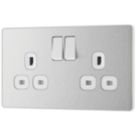 British General Evolve 13A 2-Gang SP Switched Socket Brushed Steel  with White Inserts