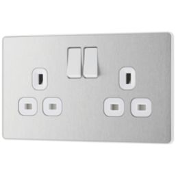 British General Evolve 13A 2-Gang SP Switched Socket Brushed Steel  with White Inserts