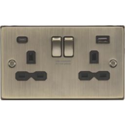 Knightsbridge  13A 2-Gang SP Switched Socket + 4.0A 20W 2-Outlet Type A & C USB Charger Antique Brass with Black Inserts