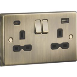 Knightsbridge  13A 2-Gang SP Switched Socket + 4.0A 20W 2-Outlet Type A & C USB Charger Antique Brass with Black Inserts