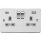 Knightsbridge  13A 2-Gang SP Switched Socket + 4.0A 20W 2-Outlet Type A & C USB Charger Brushed Chrome with Grey Inserts
