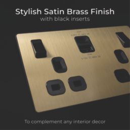 British General Evolve 13A 2-Gang SP Switched Socket + 3A 45W 2-Outlet Type A & C USB Charger Satin Brass with Black Inserts