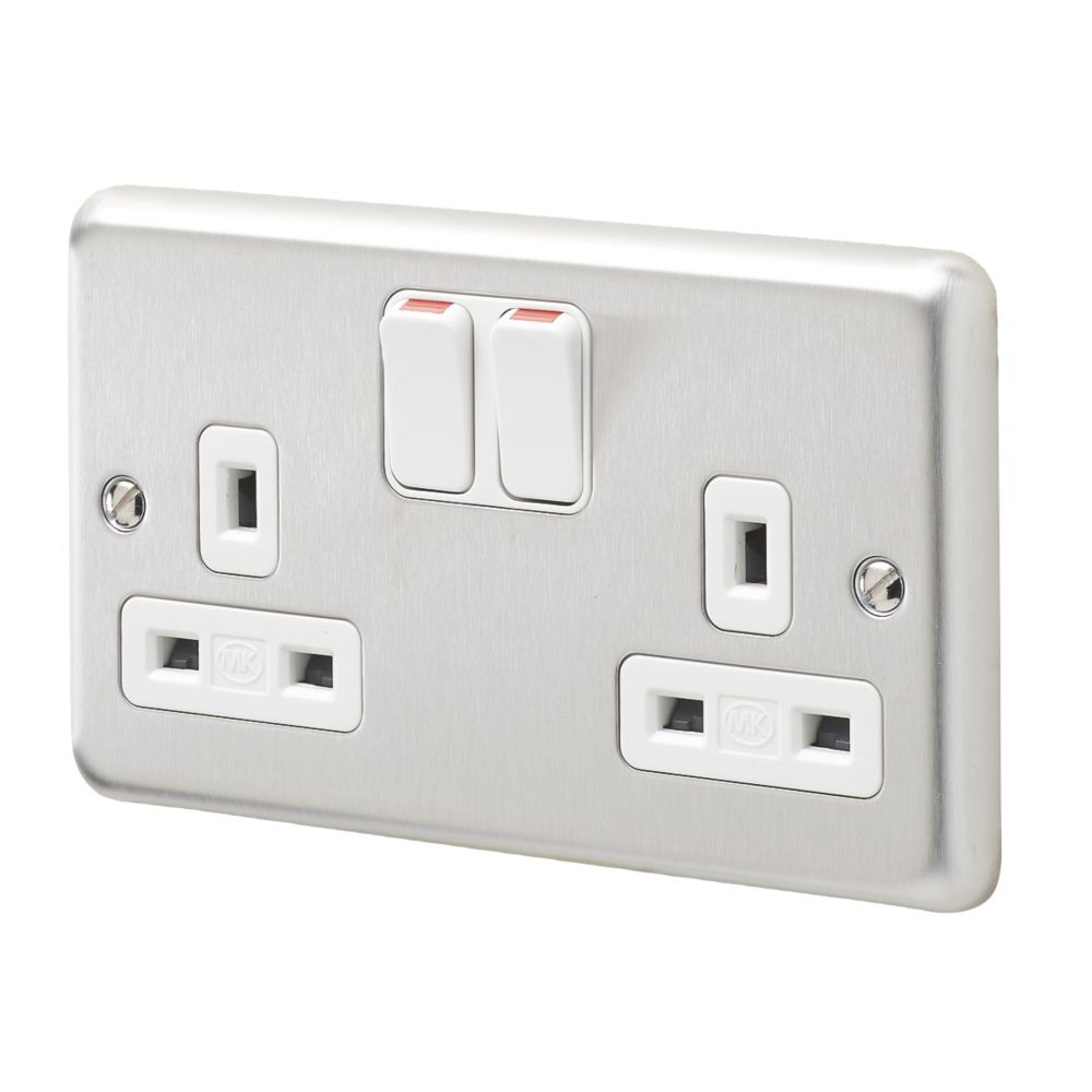 MK Contoura 13A 2-Gang DP Switched Plug Socket Grey with White Inserts ...
