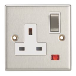 Contactum Iconic 13A 1-Gang DP Switched Socket Outlet Brushed Steel with Neon with White Inserts