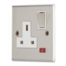 Contactum Iconic 13A 1-Gang DP Switched Socket Outlet Brushed Steel with Neon with White Inserts