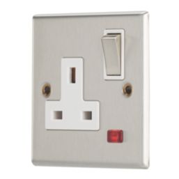 Contactum Iconic 13A 1-Gang DP Switched Socket Outlet Brushed Steel with Neon with White Inserts