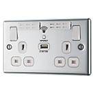 LAP  13A 2-Gang SP Switched Wi-Fi Extender Socket + 2.1A 1-Outlet Type A USB Charger Polished Chrome with White Inserts