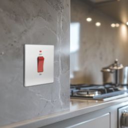 British General Evolve 45A 1-Gang 2-Pole Cooker Switch Brushed Steel with LED with White Inserts