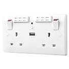 British General 800 Series 13A 2-Gang SP Switched Wi-Fi Extender Socket + 2.1A 10.5W 1-Outlet Type A USB Charger White