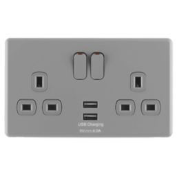 Arlec  13A 2-Gang SP Switched Socket + 4A 15W 2-Outlet Type A USB Charger Grey with Colour-Matched Inserts