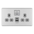 LAP  13A 2-Gang SP Switched Socket + 2.4A 12W 2-Outlet Type A & C USB Charger Brushed Steel with Grey Inserts
