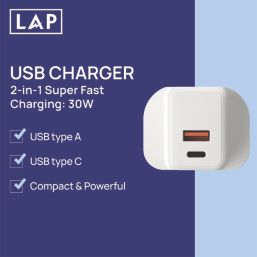 LAP 2-Outlet Type A & C Plug-In USB Adaptor Plug 3A