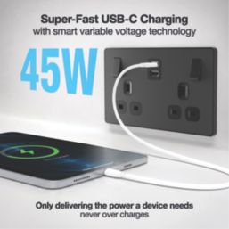 British General Evolve 13A 2-Gang SP Switched Socket + 3.25A 45W 2-Outlet Type C USB Charger Matt Black with Black Inserts