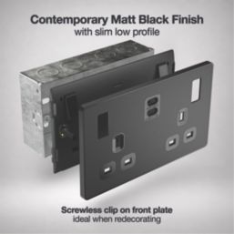 British General Evolve 13A 2-Gang SP Switched Socket + 3.25A 45W 2-Outlet Type C USB Charger Matt Black with Black Inserts