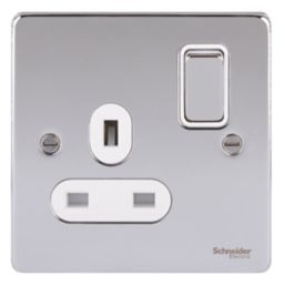 Schneider Electric Ultimate Low Profile 13A 1-Gang SP Switched Plug Socket Polished Chrome  with White Inserts