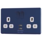 Arlec  13A 2-Gang SP Switched Socket + 4A 15W 2-Outlet Type A USB Charger Blue with White Inserts