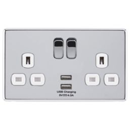 Arlec  13A 2-Gang SP Switched Socket + 4A 15W 2-Outlet Type A USB Charger Polished Chrome with White Inserts