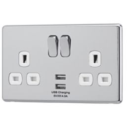Arlec  13A 2-Gang SP Switched Socket + 4A 15W 2-Outlet Type A USB Charger Polished Chrome with White Inserts