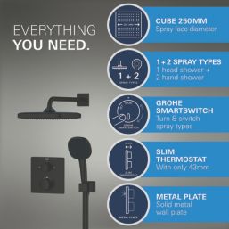 Grohe Precision 250 Cube HP Rear-Fed Concealed Matt Black Thermostatic Shower System