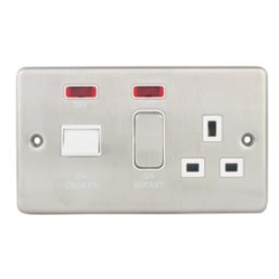 Hager Sollysta WRCC50NBSW 45A 1-Gang 2P+E Cooker Switch & 13A DP Switched Socket Brushed Steel with LED with White Inserts