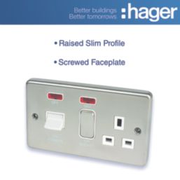Hager Sollysta WRCC50NBSW 45A 1-Gang 2P+E Cooker Switch & 13A DP Switched Socket Brushed Steel with LED with White Inserts