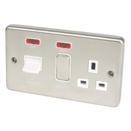 Hager Sollysta WRCC50NBSW 45A 1-Gang 2P+E Cooker Switch & 13A DP Switched Socket Brushed Steel with LED with White Inserts