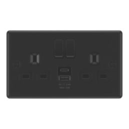 LAP  13A 2-Gang SP Switched Socket + 2.4A 12W 2-Outlet Type A & C USB Charger Matt Black with Colour-Matched Inserts