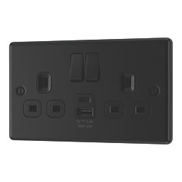 LAP  13A 2-Gang SP Switched Socket + 2.4A 12W 2-Outlet Type A & C USB Charger Matt Black with Colour-Matched Inserts