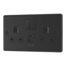 LAP  13A 2-Gang SP Switched Socket + 2.4A 12W 2-Outlet Type A & C USB Charger Matt Black with Colour-Matched Inserts