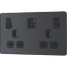British General Evolve 13A 2-Gang SP Switched Socket + 3A 22W 2-Outlet Type A & C USB Charger Grey with Black Inserts