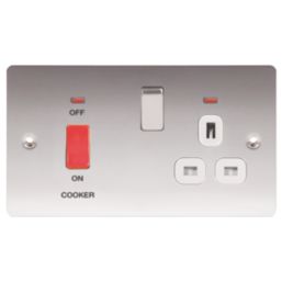 LAP  45A 2-Gang DP Cooker Switch & 13A DP Switched Socket Brushed Stainless Steel with LED with White Inserts