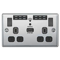LAP  13A 2-Gang SP Switched Wi-Fi Extender Socket + 2.1A 10.5W 1-Outlet Type A USB Charger Polished Chrome with Black Inserts