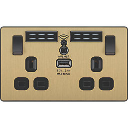 British General Evolve 13A 2-Gang SP Switched Double Socket w/ WiFi Extend + 2.1A 10.5W 1-Outlet Type A USB Charger Satin Brass with Black Inserts