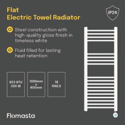 Flomasta 1000mm x 400mm 853BTU White Flat Electric Towel Radiator