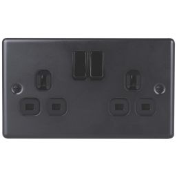 British General  Black 13A 2-Gang DP Switched Metal Clad Socket  with Colour-Matched Inserts