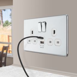 LAP  13A 2-Gang SP Switched Socket + 2.4A 12W 2-Outlet Type A & C USB Charger Polished Chrome with White Inserts