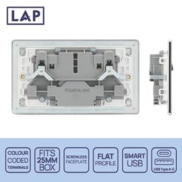 LAP  13A 2-Gang SP Switched Socket + 2.4A 12W 2-Outlet Type A & C USB Charger Polished Chrome with White Inserts