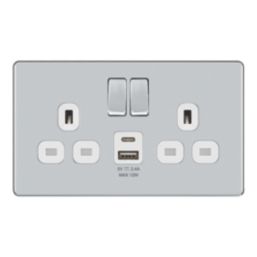 LAP  13A 2-Gang SP Switched Socket + 2.4A 12W 2-Outlet Type A & C USB Charger Polished Chrome with White Inserts