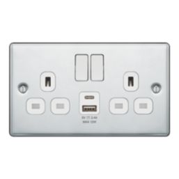 LAP  13A 2-Gang SP Switched Socket + 2.4A 12W 2-Outlet Type A & C USB Charger Polished Chrome with White Inserts