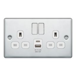 LAP  13A 2-Gang SP Switched Socket + 2.4A 12W 2-Outlet Type A & C USB Charger Polished Chrome with White Inserts