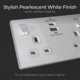 British General Evolve 13A 2-Gang SP Switched Socket + 3A 45W 2-Outlet Type A & C USB Charger Pearlescent White with White Inserts