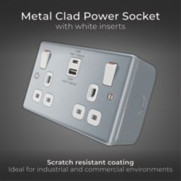British General Metal Clad 13A 2-Gang SP Switched Metal Clad Socket + 3A 22W 2-Outlet Type A & C USB Charger with White Inserts