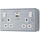 British General Metal Clad 13A 2-Gang SP Switched Metal Clad Socket + 3A 22W 2-Outlet Type A & C USB Charger with White Inserts